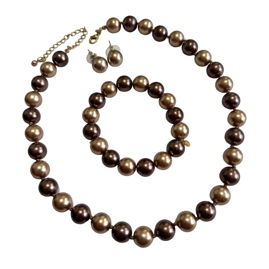 Rmn Pearl Necklace Bracelet Earrings Set Gold Tone Chocolate 32$